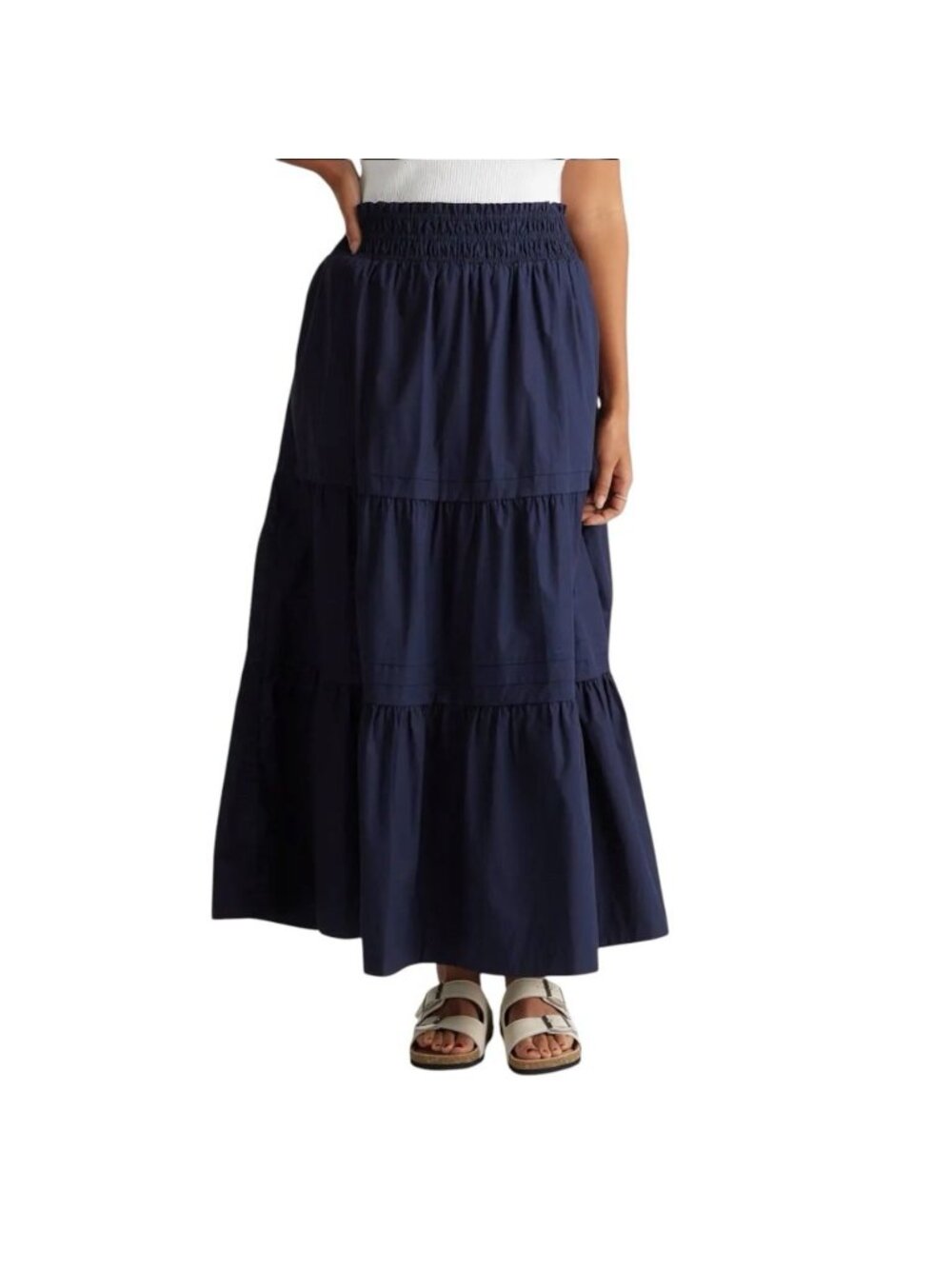 Quince Womens 100% Organic Cotton Poplin Tiered Maxi Skirt Navy Xs Boho Nwt